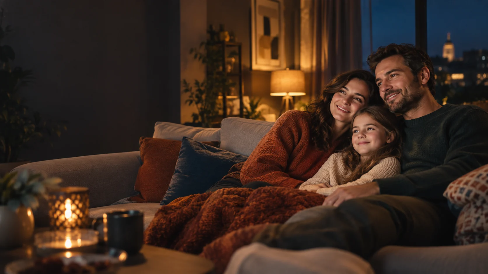 Familie într-un living seara, ilustrație originală pentru Familia TV