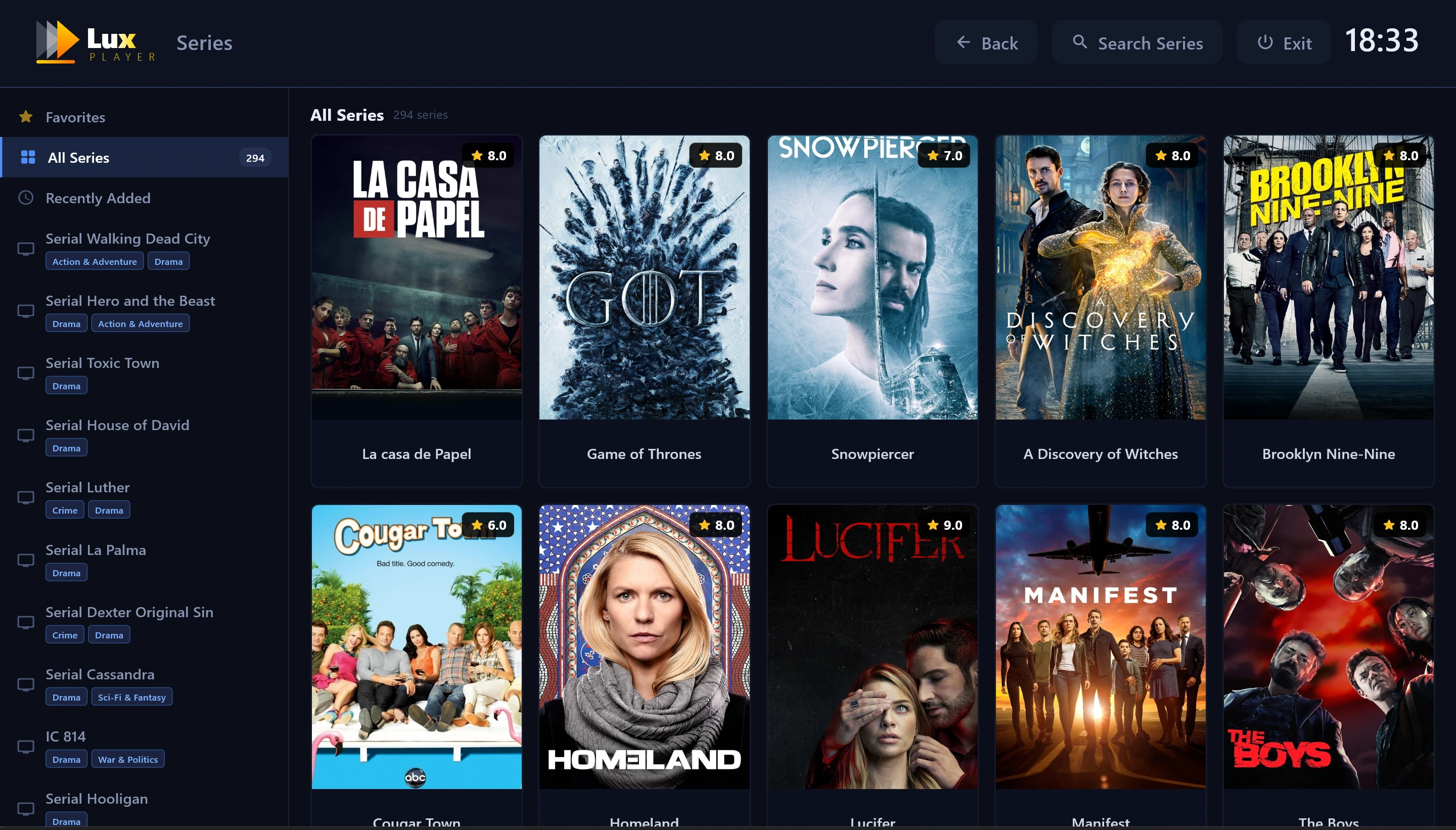 Lux Player: interfața de selecție a serialelor